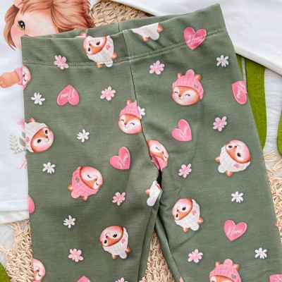 Conj. Blusa Manga Longa Leoa com Raposinha e Calça Legging - Off White e Verde